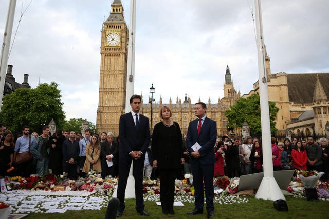 Former Labour Leader Ed Miliband, former deputy Leader of the Labour Party Harriet Harman and Labour MP for Ilford North Wes Streeting attend a vigil in memory of Labour MP Jo Cox on Parliament Square
