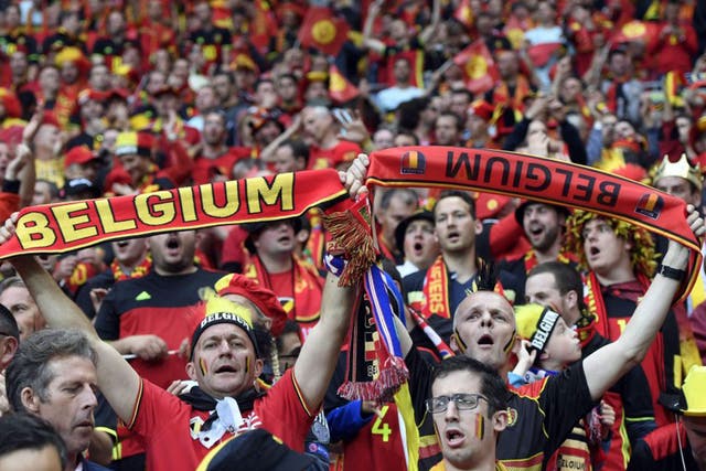 Belgium fans cheer before the start of the Euro 2016 group E football match between Belgium and Italy at the Parc Olympique Lyonnais stadium in Lyon on June 13, 2016.