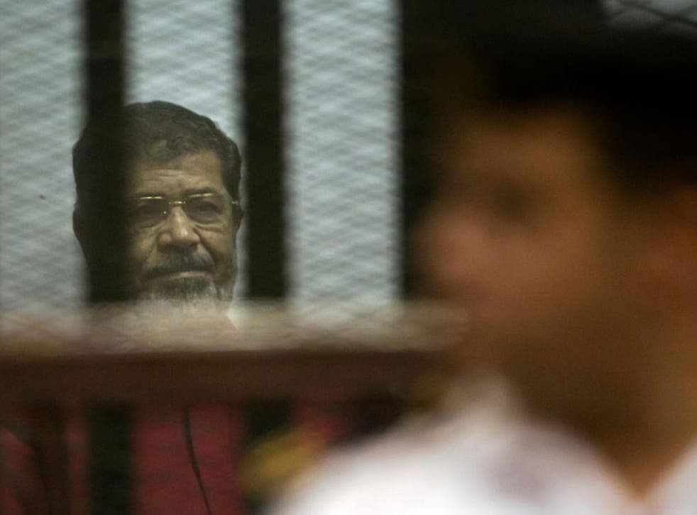 Former Egyptian President Mohammed Morsi in court in Egypt on 18 June 2016.