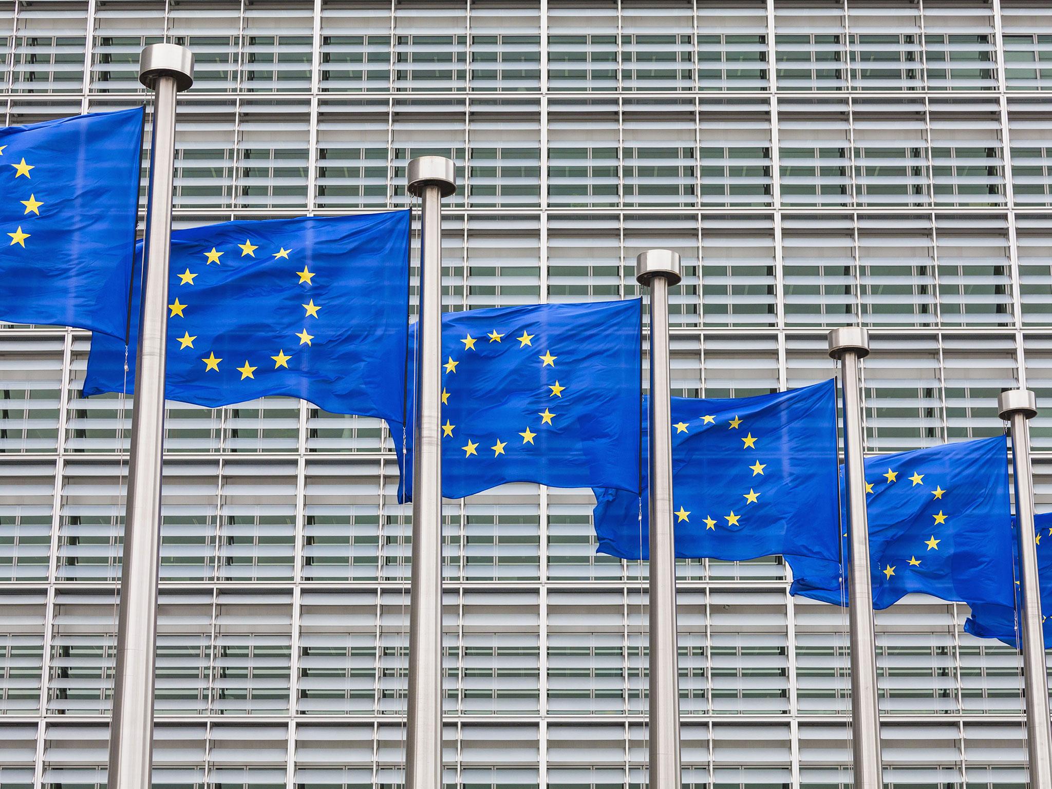 EU flags outside the Berylamont building in Brussels