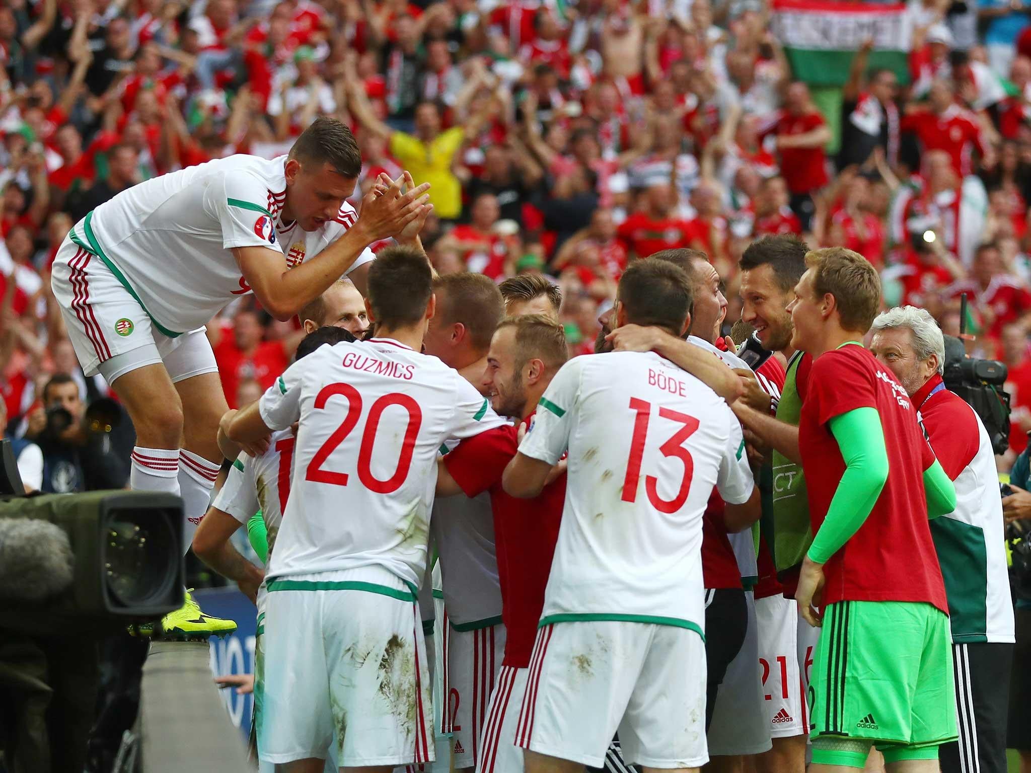 Hungary celebrate Birkir Mar Saevarsson's own goal