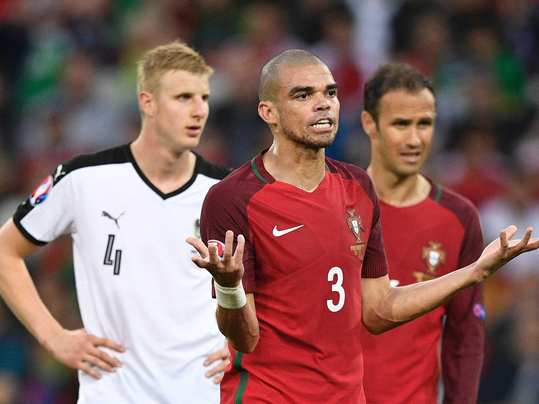 &#13;
Portugal defender Pepe shows his frustration &#13;