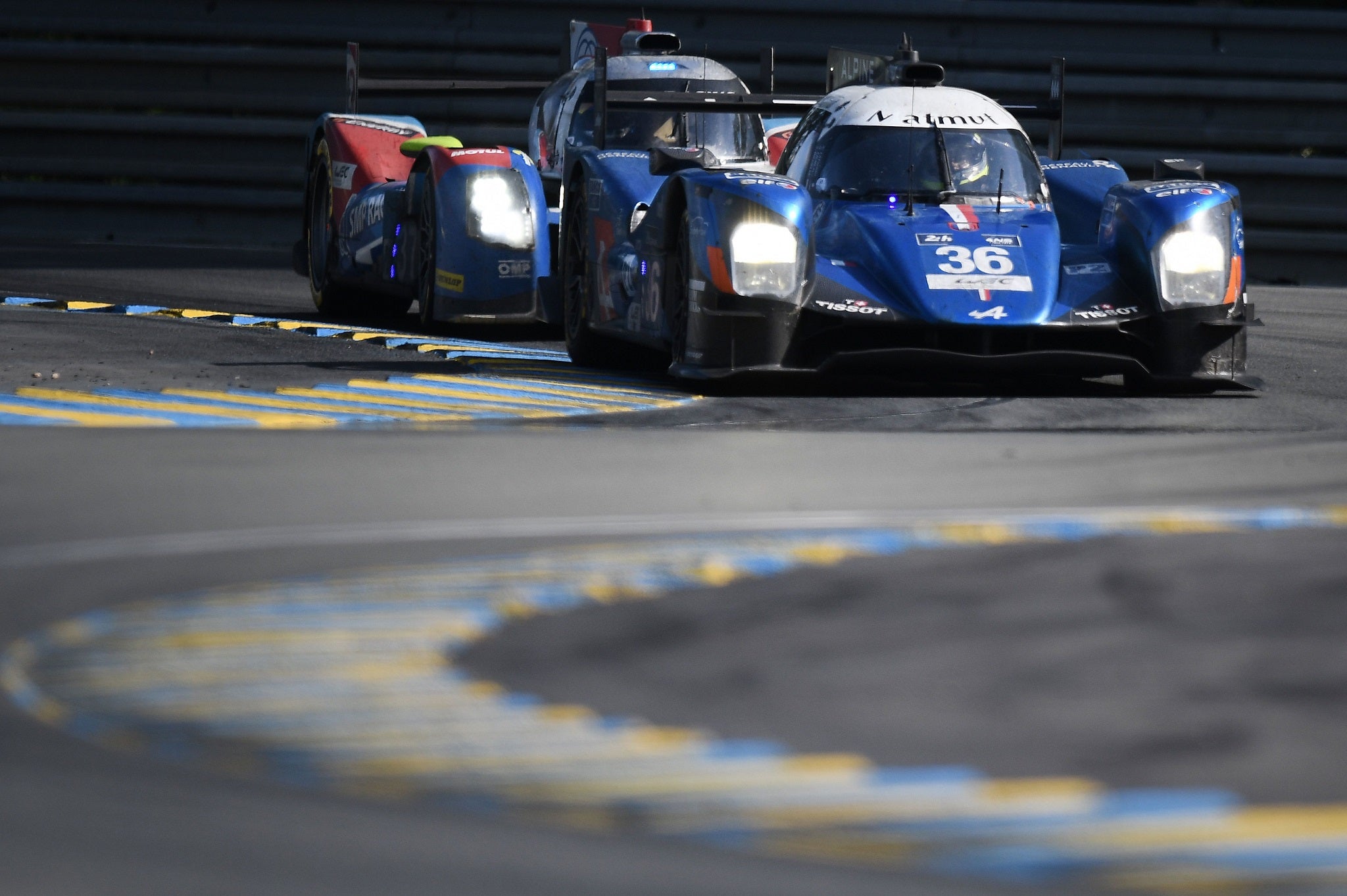 The No 36 Alpine runs through the first Mulsanne Chicane