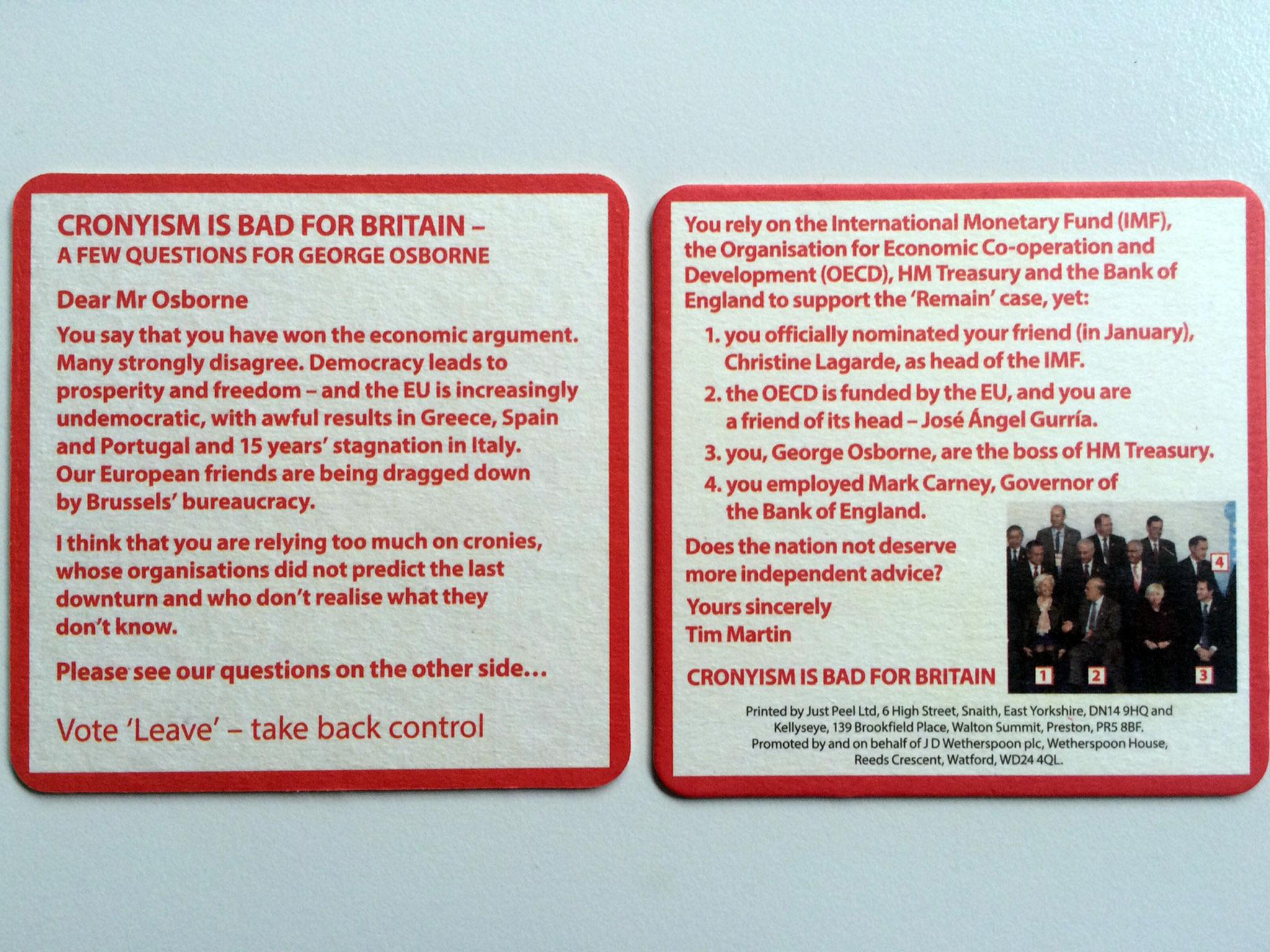 Beer mats urging customers to vote to leave the EU