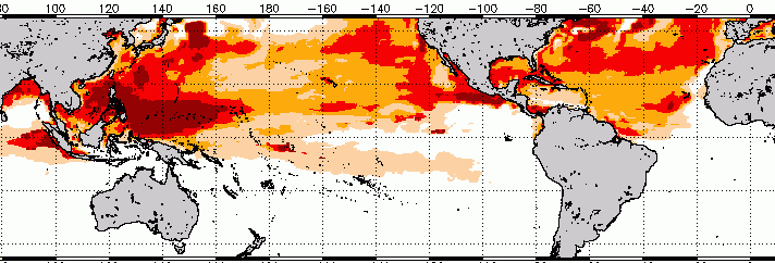 A map showing areas at most risk (darker red) from coral bleaching this summer