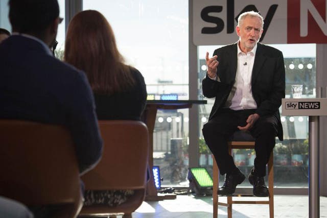 Jeremy Corbyn is interviewed by an audience of young people and Sky News Political Editor Faisal Islam Monday June 20
