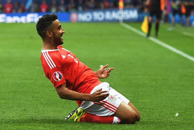 Neil Taylor enjoys scoring Wales' second goal against Russia