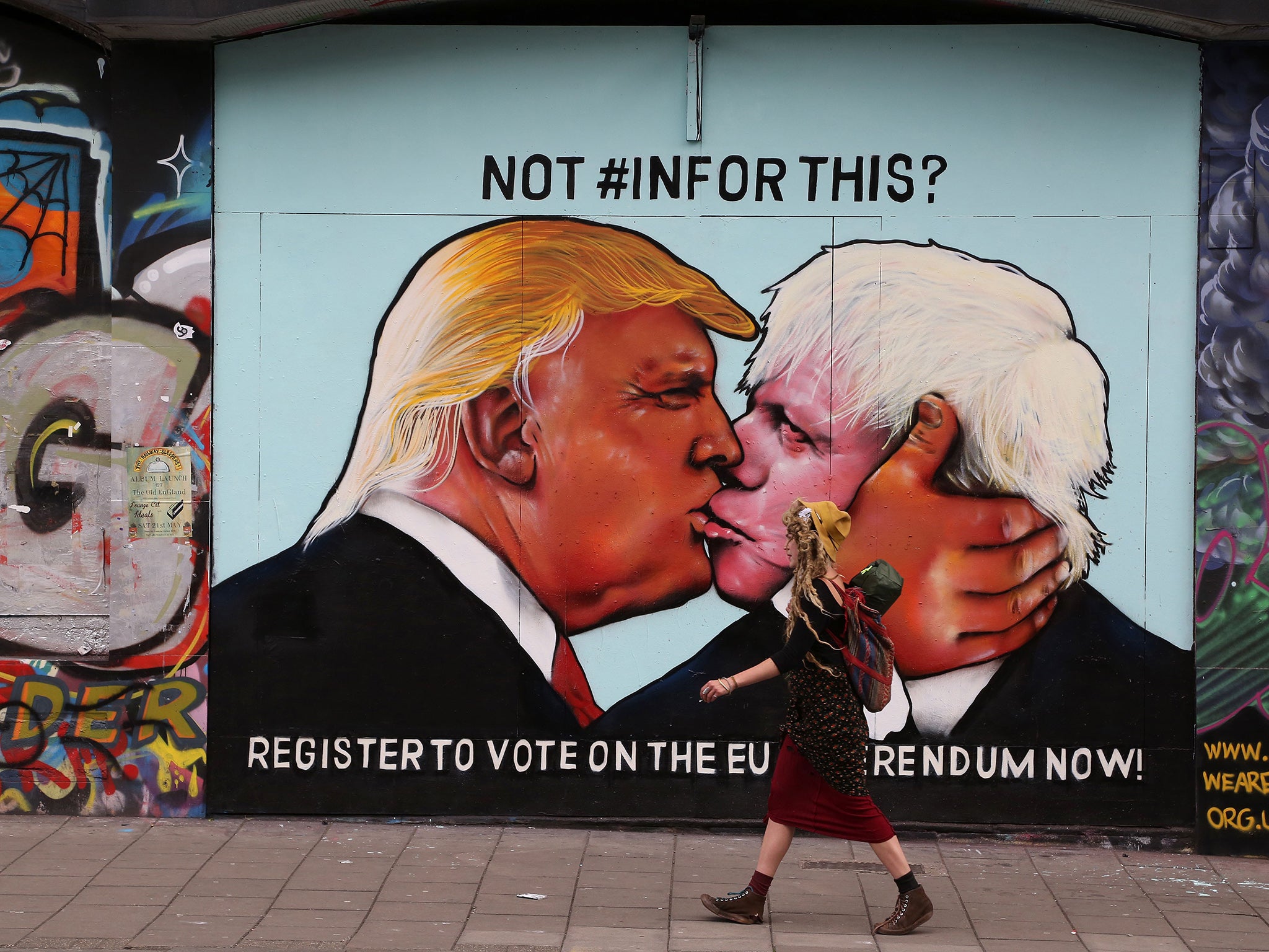 The mural in Bristol showing Donald Trump and Boris Johnson