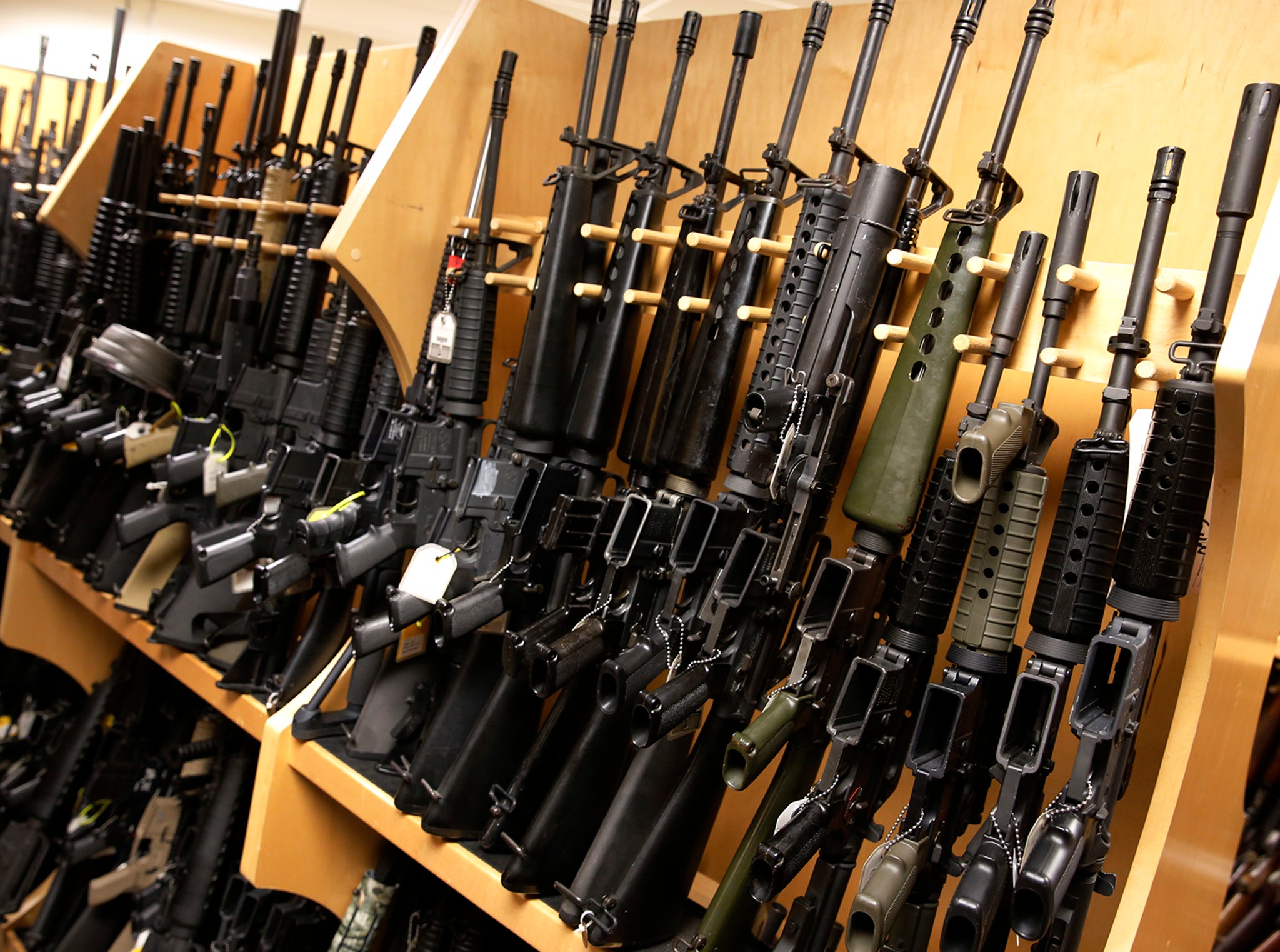 A display of AR-15 assault rifles, like the giveaway at the Illinois gun shop