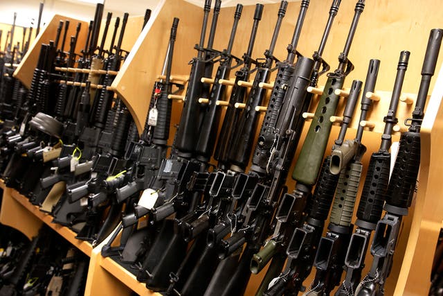 A display of AR-15 assault rifles, like the giveaway at the Illinois gun shop