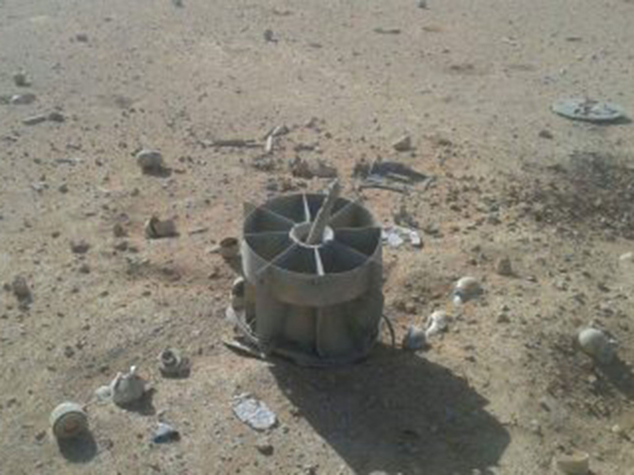 An image showing what appears to be the tail of a RBK-500 cluster munition following Russian air strikes on US-backed rebels in al-Tanf, Syria, on 16 June 2016