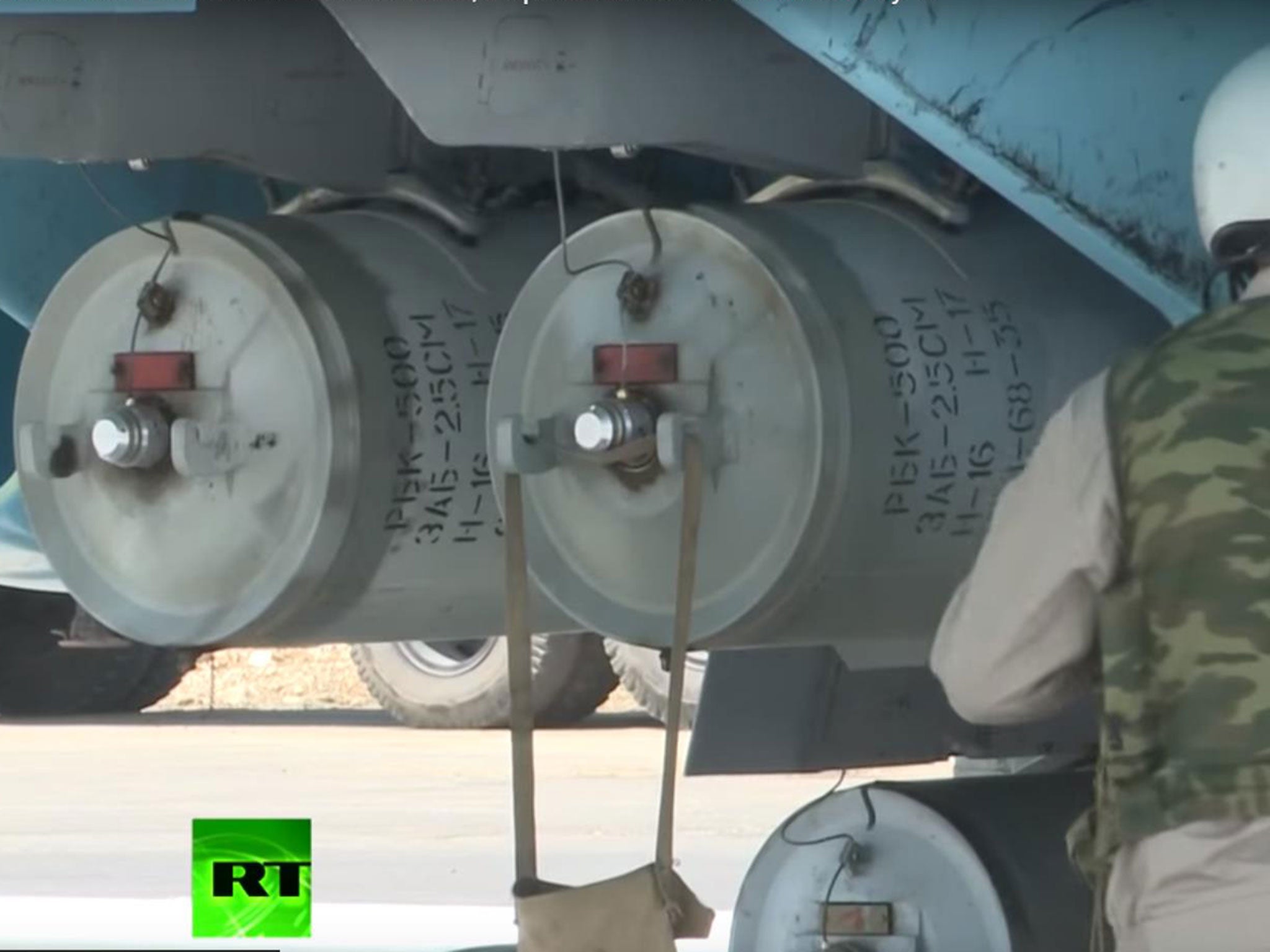 Footage showing what analysts identified as RBK-500 ZAB-2.5SM cluster bombs loaded on a Russian jet at Khmeimim air base in Syria on 18 June 2016