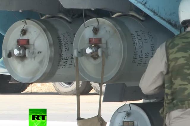 Footage showing what analysts identified as RBK-500 ZAB-2.5SM cluster bombs loaded on a Russian jet at Khmeimim air base in Syria on 18 June 2016