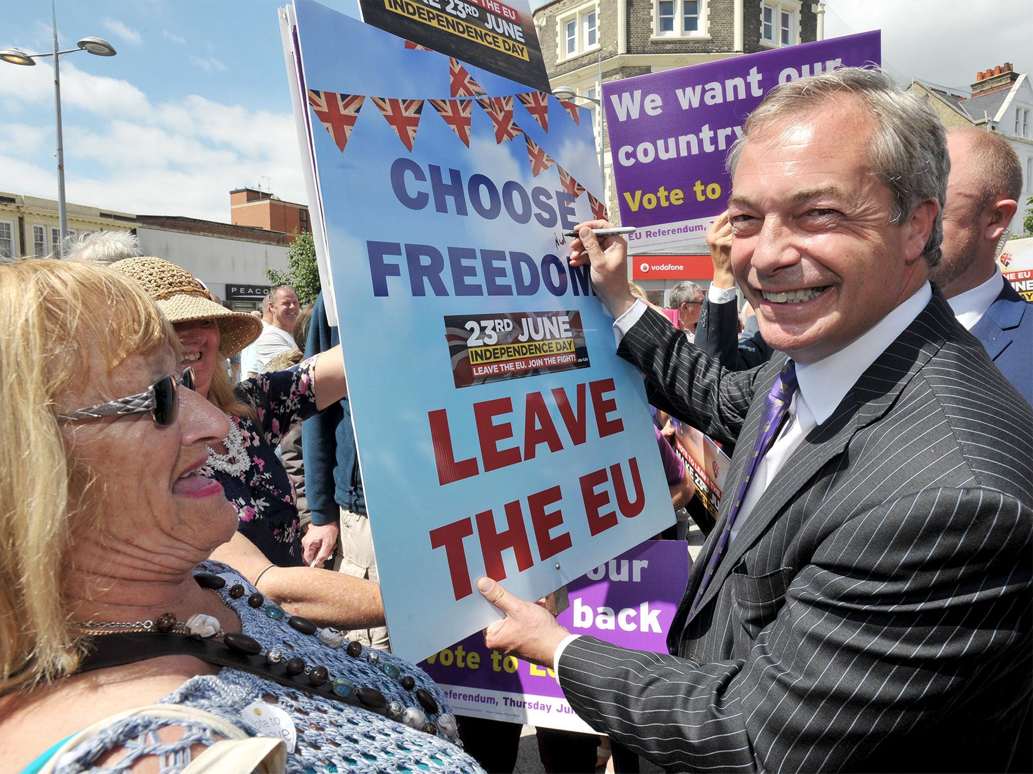 Ukip Leader Nigel Farage with Leave supporters in Clacton-on-Sea, Essex, yesterday