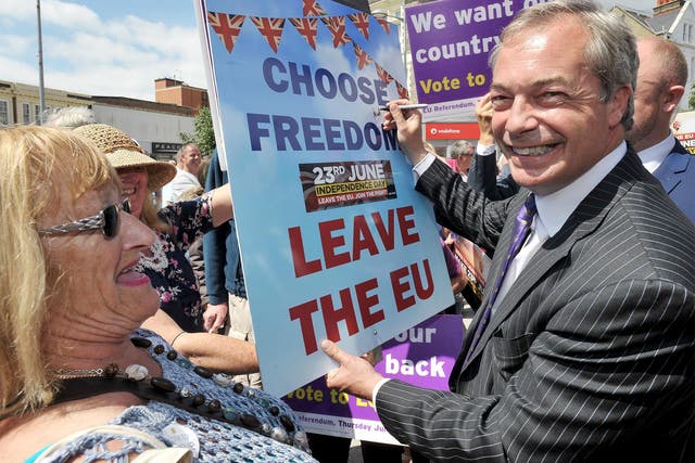 Ukip Leader Nigel Farage with Leave supporters in Clacton-on-Sea, Essex, yesterday