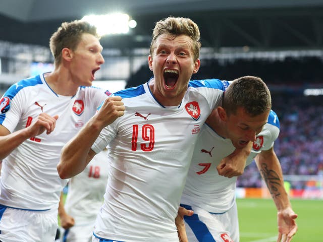 Czech Republic players celebrate their late equaliser against Croatia