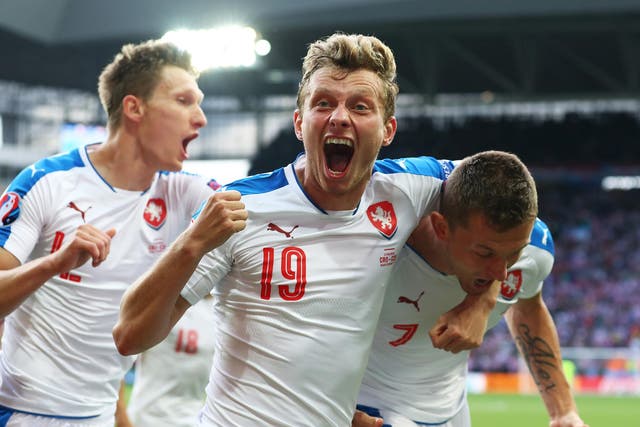 Czech Republic players celebrate their late equaliser against Croatia