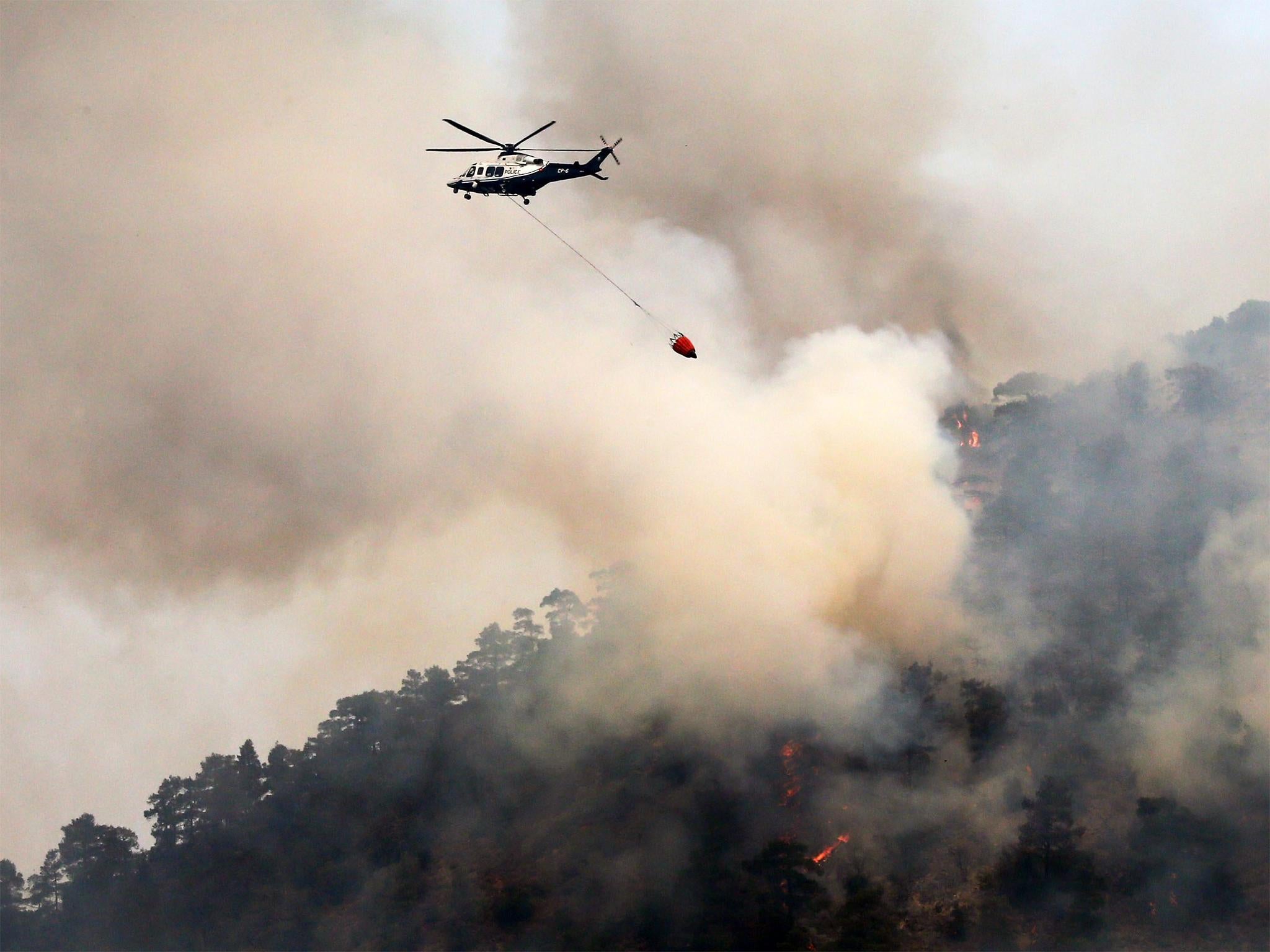A helicopter drops water on the Troodos mountain area near Nicosia
