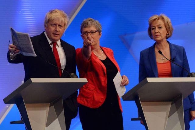 Boris Johnson, Gisela Stuart and Andrea Leadsom during The Great Debate