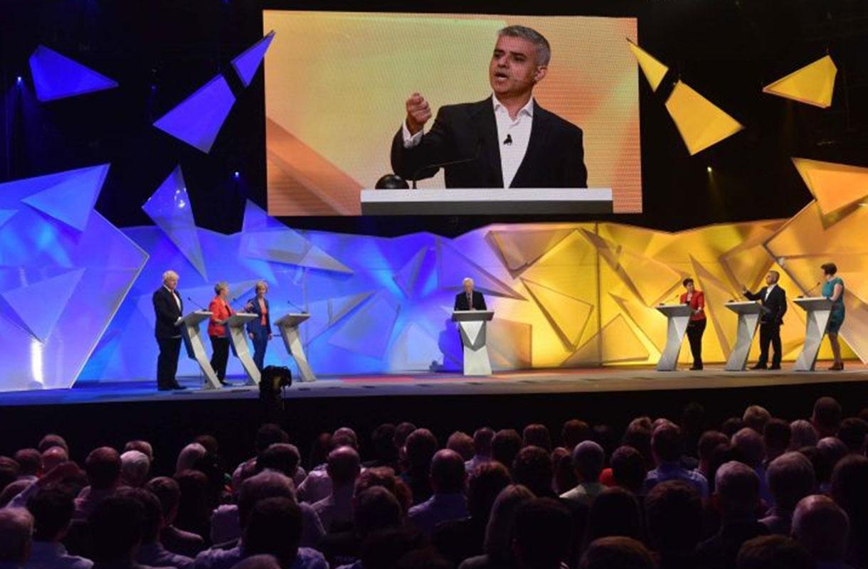 Sadiq Khan, the Mayor of London, confronts Boris Johnson during the Great Debate at Wembley last night