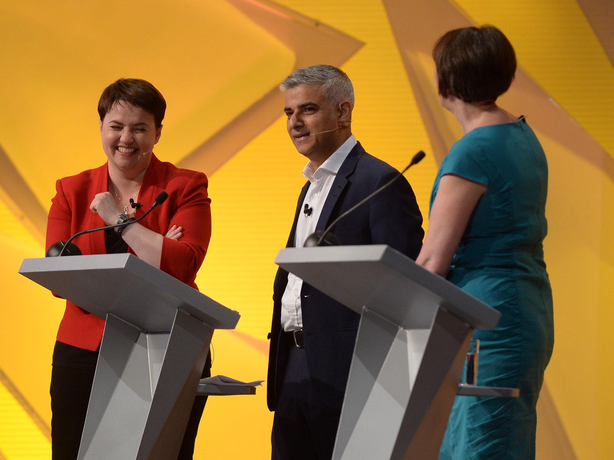 Scottish Conservative leader Ruth Davidson (left), Mayor of London Sadiq Khan (centre) and TUC General Secretary Frances O'Grady during the EU referendum debate