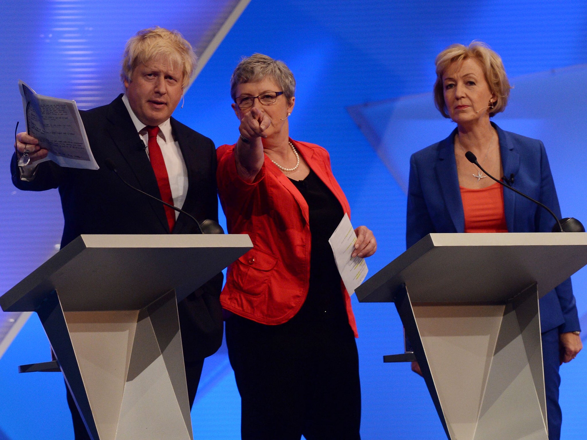 The Vote Leave team (from left), Boris Johnson, former Mayor of London, Gisela Stuart, Labour MP for Birmingham Edgbaston and Andrea Leadsom, Tory energy minister