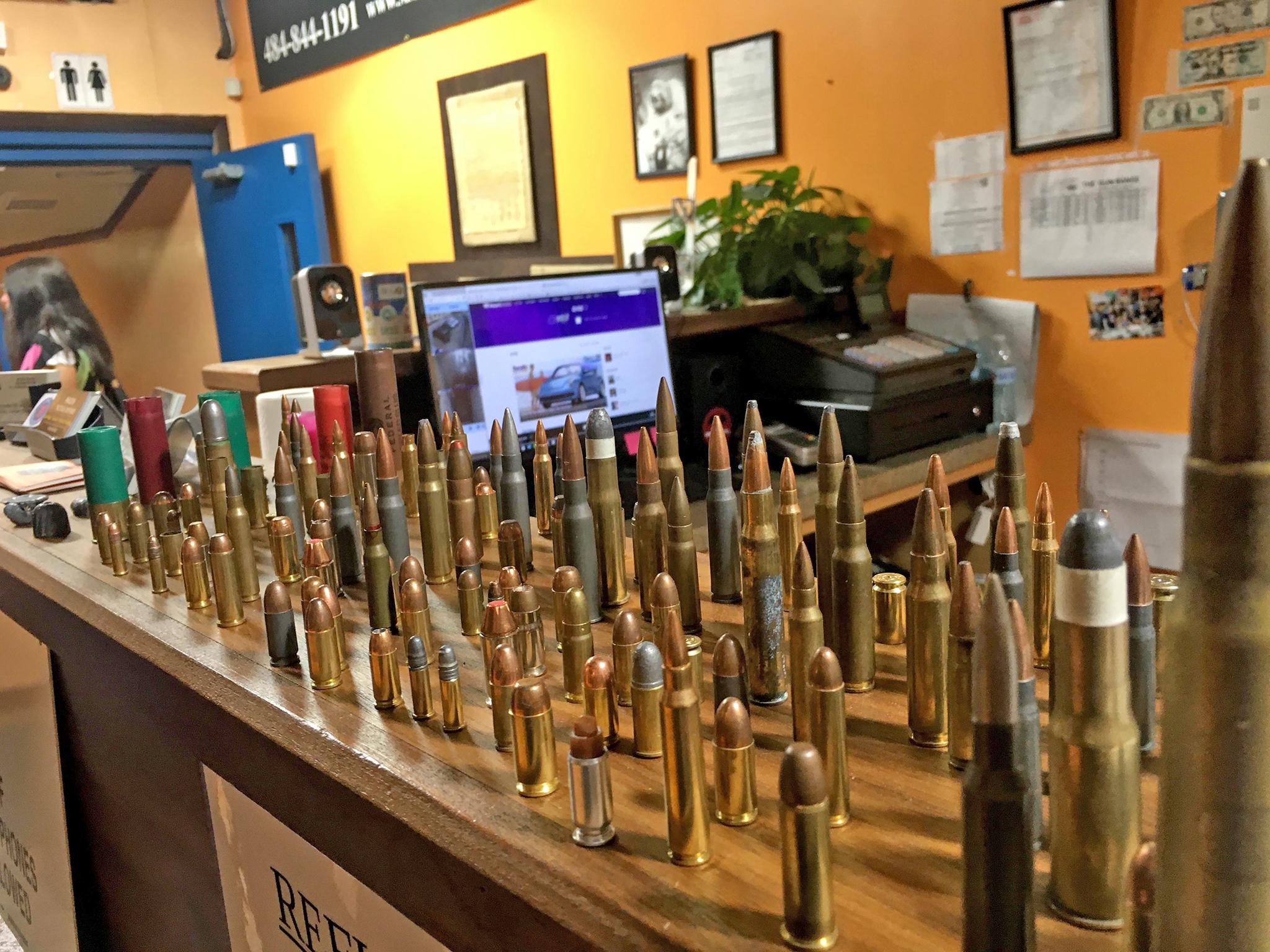 An array of bullets on display at the Gun Range in Philadelphia