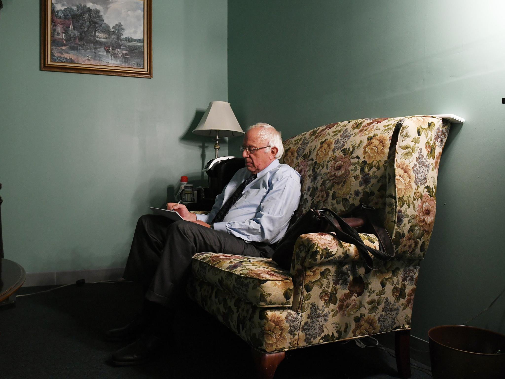 Sanders prepares to speak to voters in a televised speech on 16 June Pool/Getty