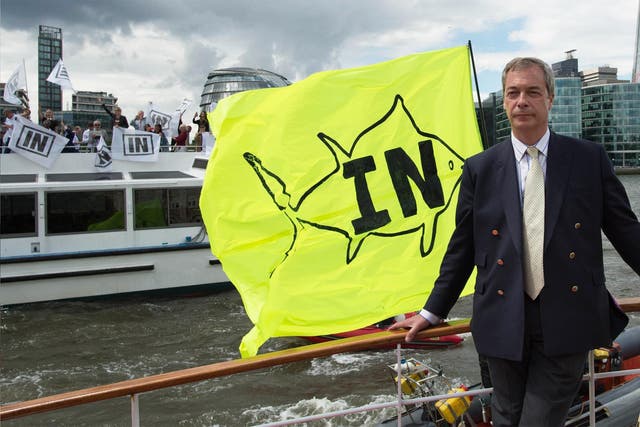 Ukip leader Nigel Farage on board a boat taking part in a Fishing for Leave pro-Brexit "flotilla" on the River Thames, London.Wednesday June 15, 2016