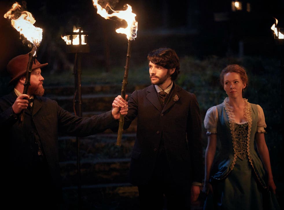 Colin Morgan (centre) and Charlotte Appleby in ‘The Living and the Dead’
