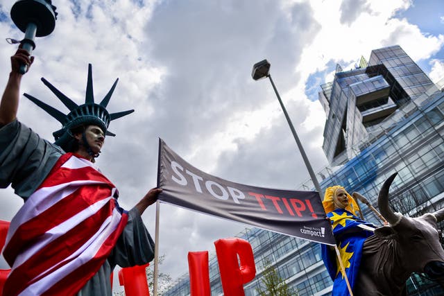 Protesters rally against TTIP during Barack Obama's visit to Germany in April 2016
