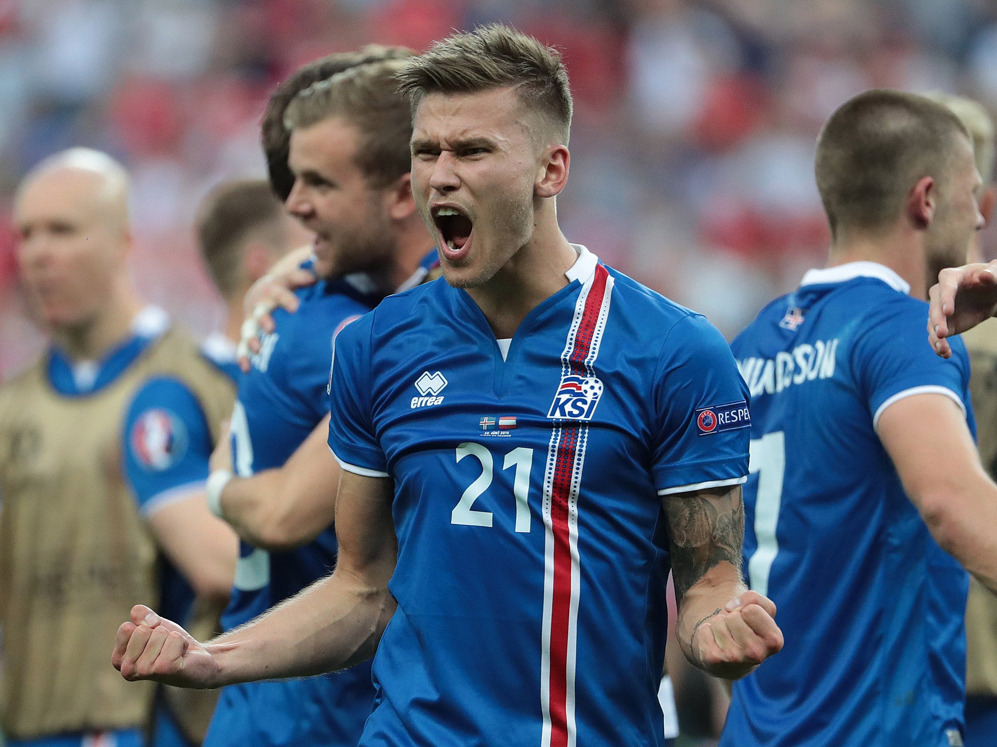 Traustason celebrates securing Iceland's 2-1 win over Austria