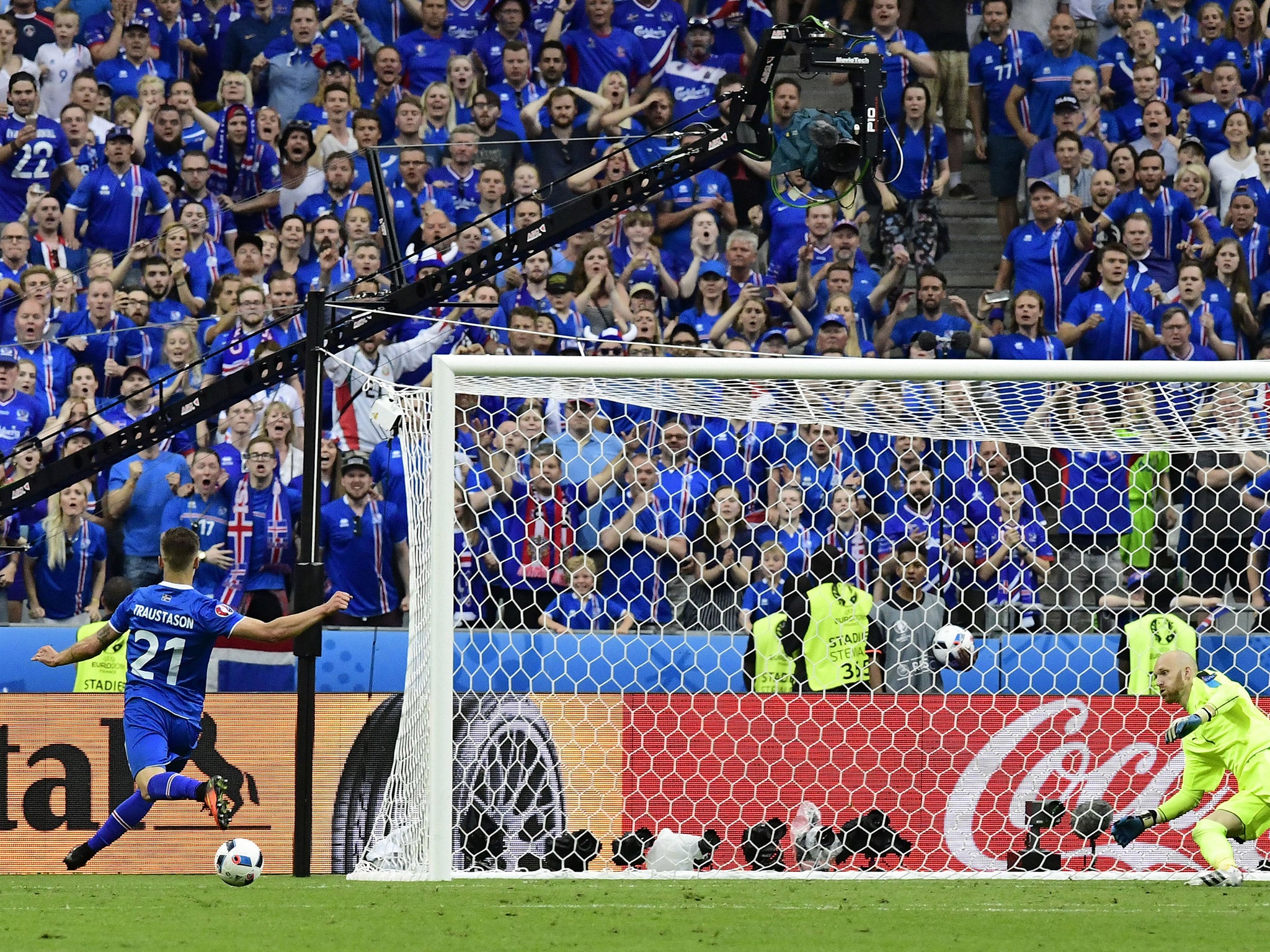 Arnor Ingvi Traustason shoots in the final minute of the match between Iceland and Austria