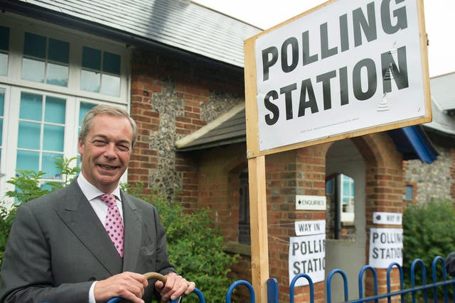 Nigel Farage arrives to cast his vote in the EU Referendum at a polling station in Biggin Hill on 23 June 2016.