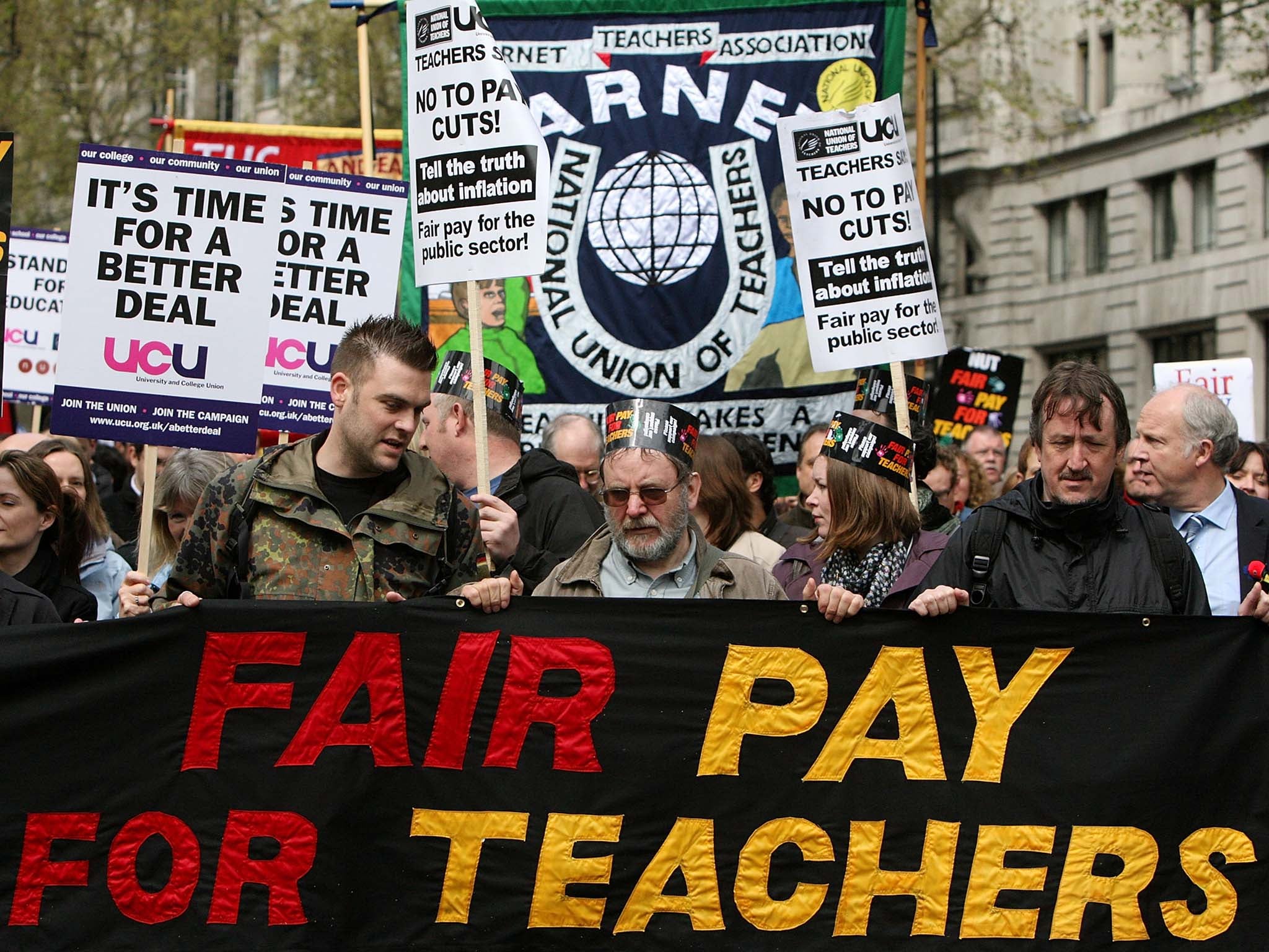 Teachers marching through London during a one day walkout over pay and conditions in 2008
