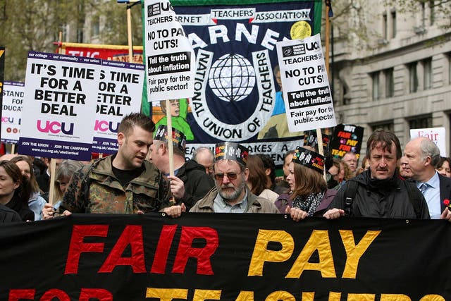 Teachers marching through London during a one day walkout over pay and conditions in 2008