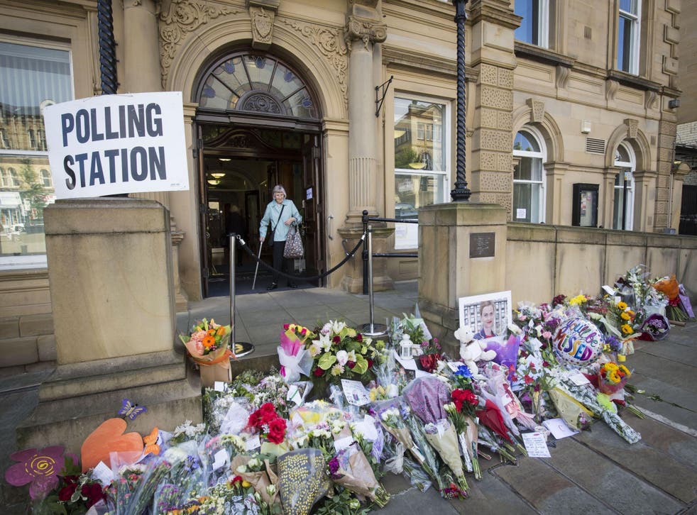 Flowers outside of Batley town hall on Thursday