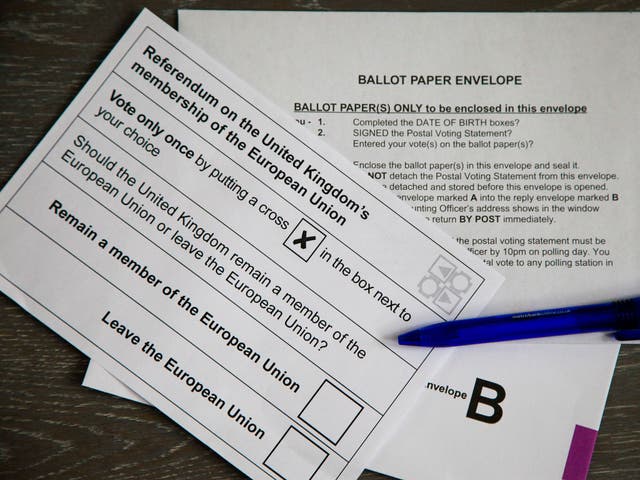 A postal vote ballot paper for the EU Referendum