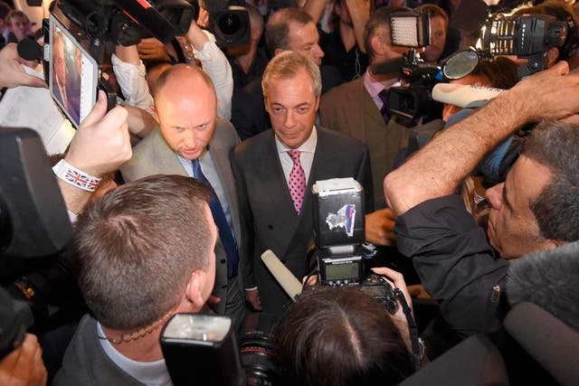 Ukip leader Nigel Farage addresses supporters at the Leave.EU party