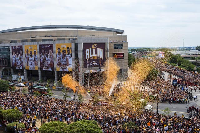 Fans at Quicken Loans Arena celebrate the Cleveland Cavaliers 2016 NBA Championship.