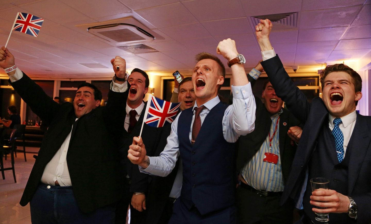 Leave.EU supporters celebrate last night’s early results at their referendum party at Millbank Tower in central London