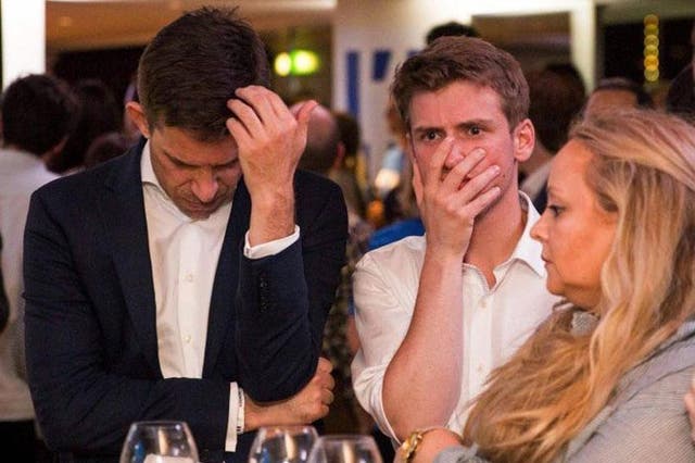 Supporters of the 'Stronger In' Campaign react to disappointing early results in the EU referendum