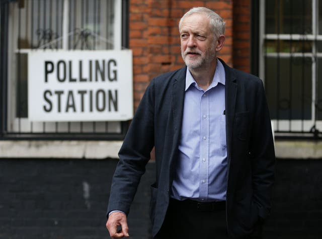 Labour Party leader Jeremy Corbyn arrives to cast his vote at a polling station in Islington, London