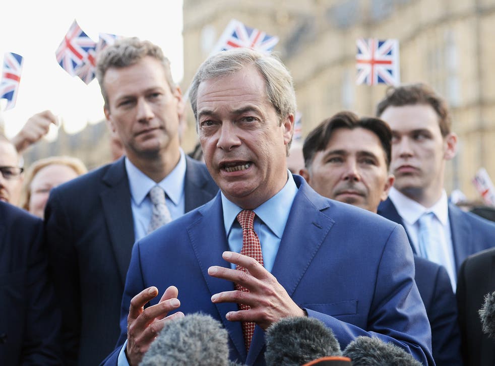 Nigel Farage at a press conference near the Houses of Parliament