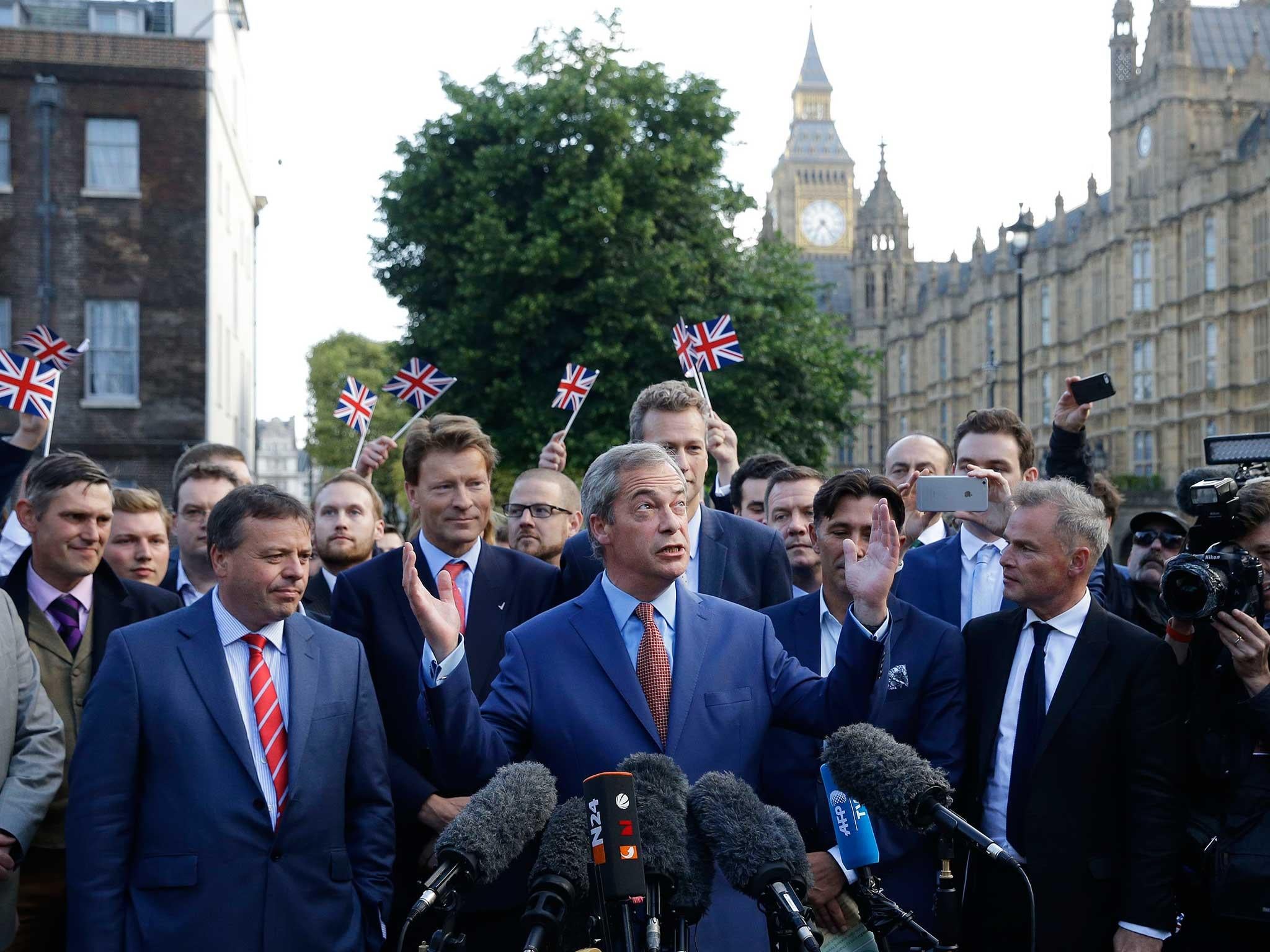Nigel Farage, leader of Ukip, speaks to the media on College Green in London after Britain voted to leave the European Union