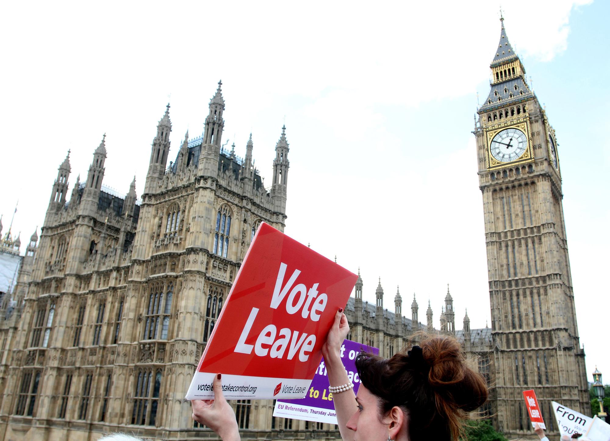 Leave supporters congregate outside the Houses of Parliament