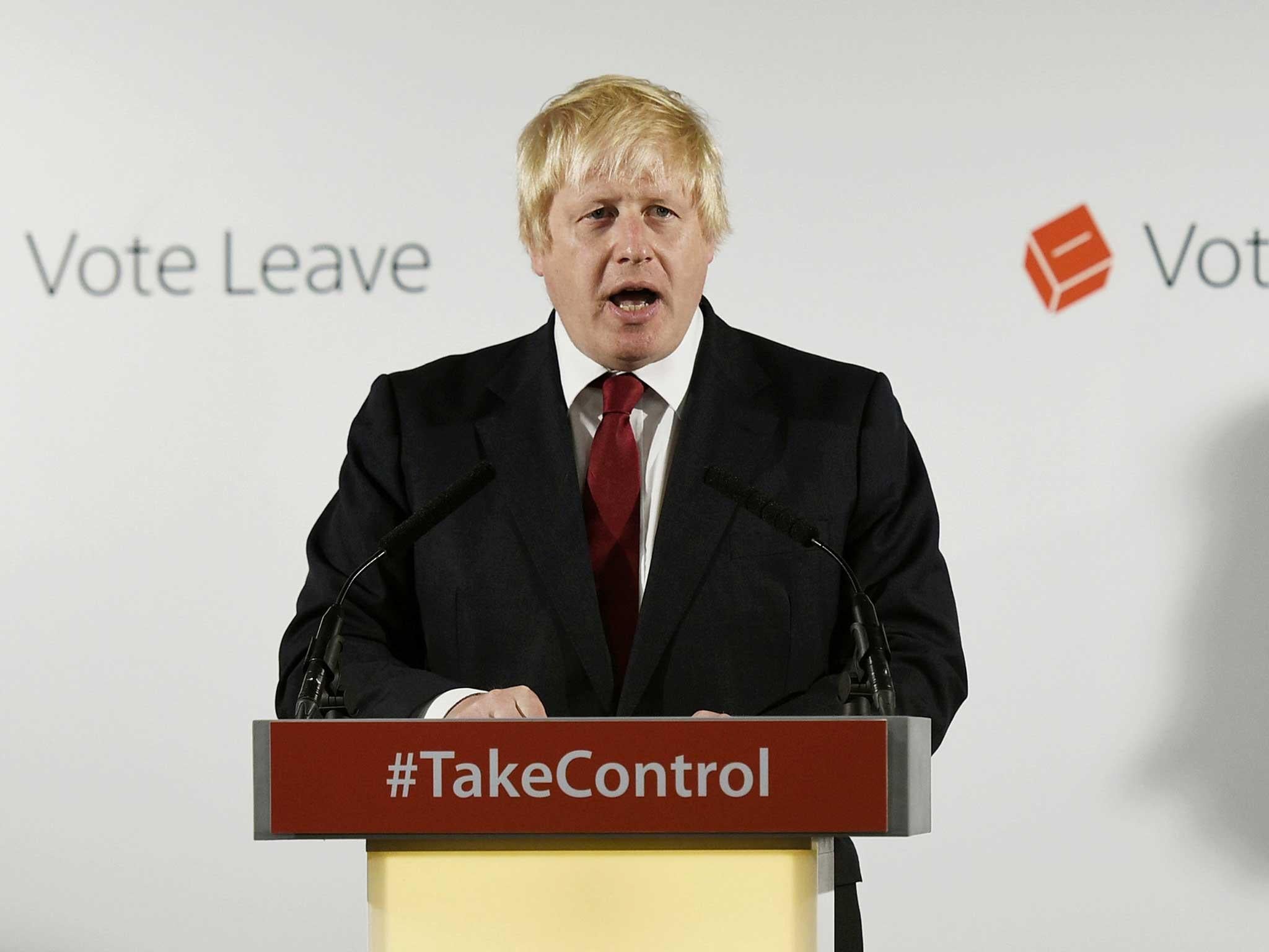 Vote Leave campaign leader Boris Johnson speaks at the group's headquarters in London