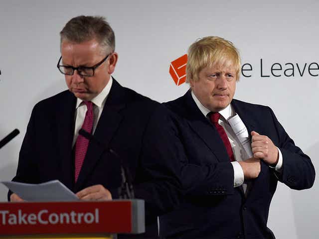 Boris Johnson pockets his notes as he and Michael Gove shared the limelight at a Vote Leave press conference yesterday