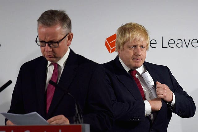 Boris Johnson pockets his notes as he and Michael Gove shared the limelight at a Vote Leave press conference yesterday