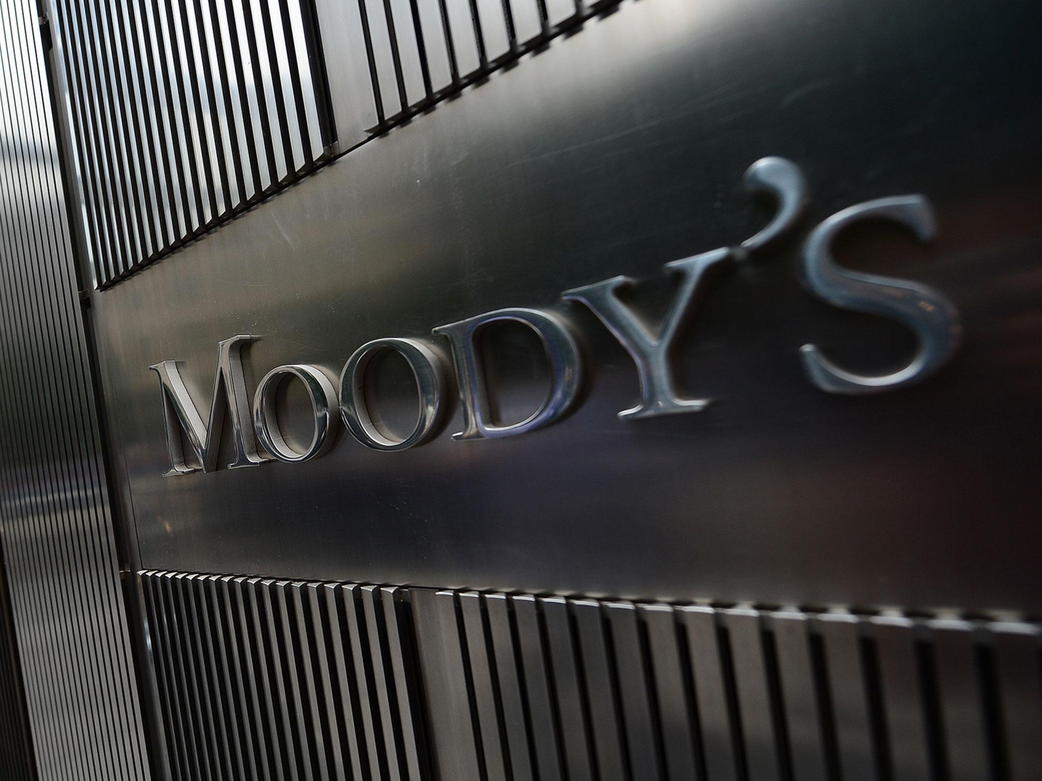 A sign for Moody's rating agency is displayed at the company headquarters in New York